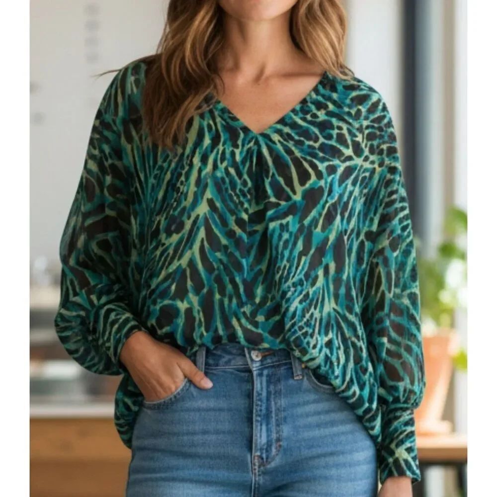 Marc Bouwer Semi Sheer Blouse Womens Size L Balloon Sleeve Vneck Green Abstract